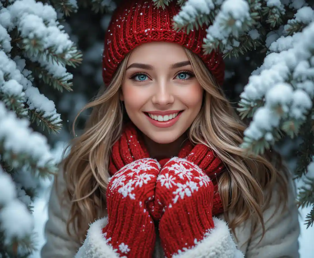 雪の枝の後ろでほほ笑む赤い冬服の女性