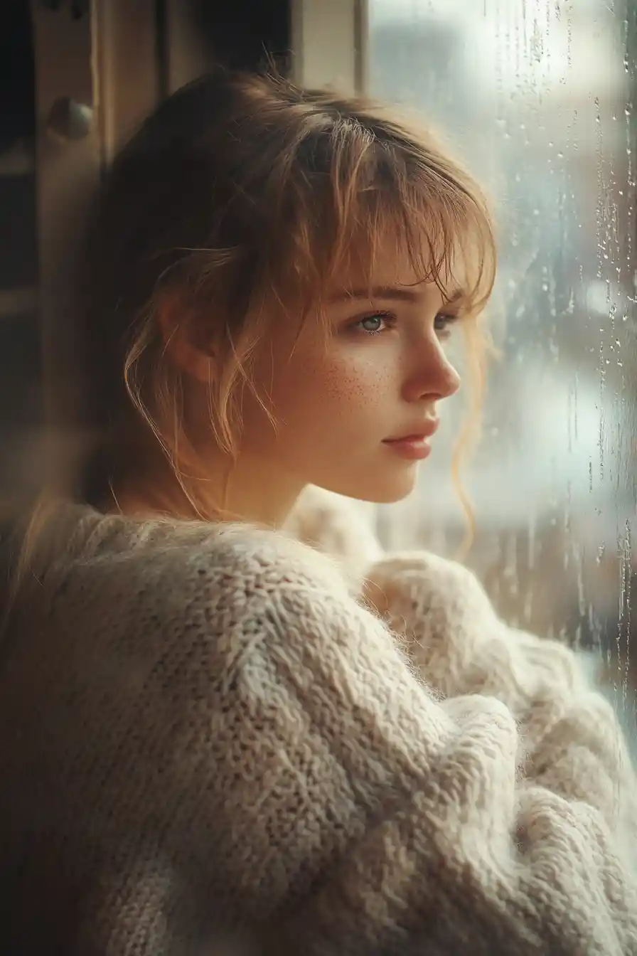 Woman in cozy sweater by a rainy window in soft light