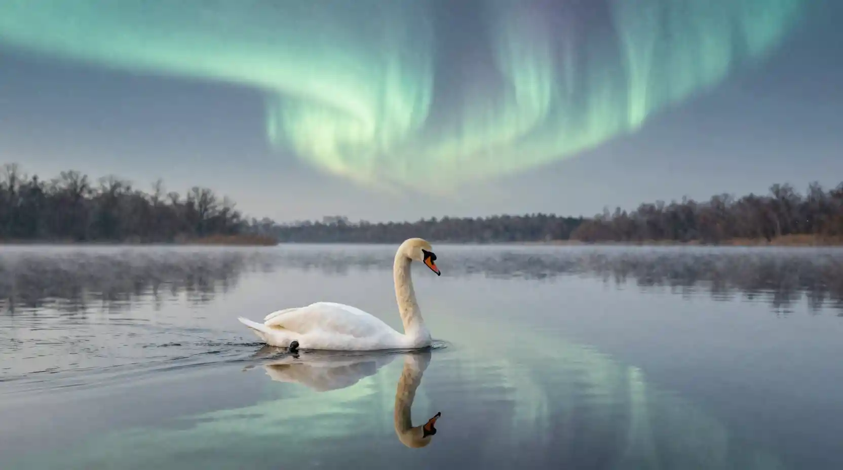 Anmutiger Schwan gleitet über einen ruhigen, spiegelglatten See