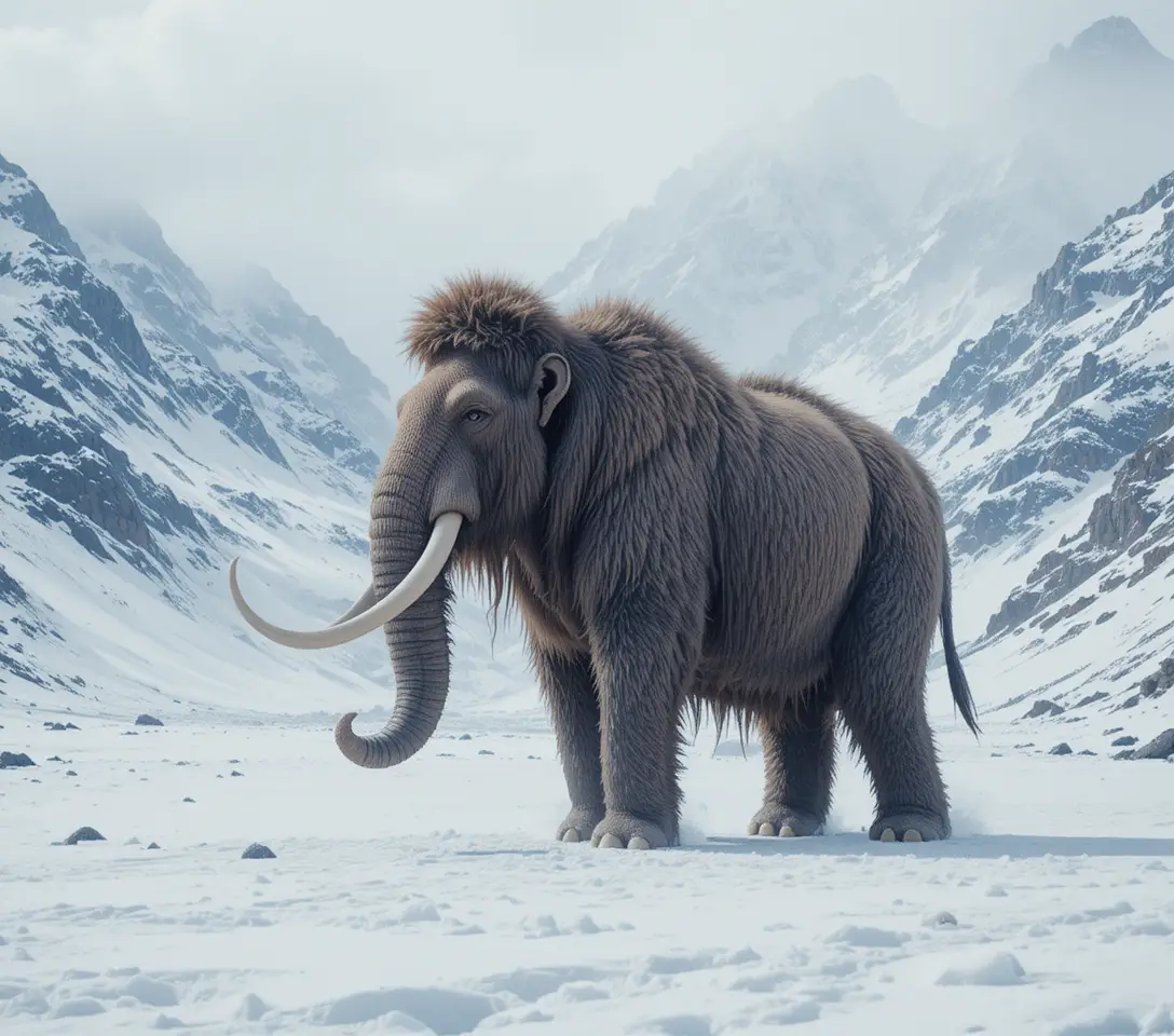 Mamut lanudo en un paisaje de montaña nevada