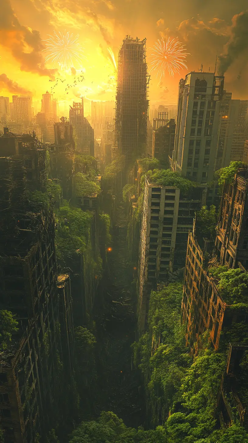 Post apocalyptic city with fireworks in dramatic sky