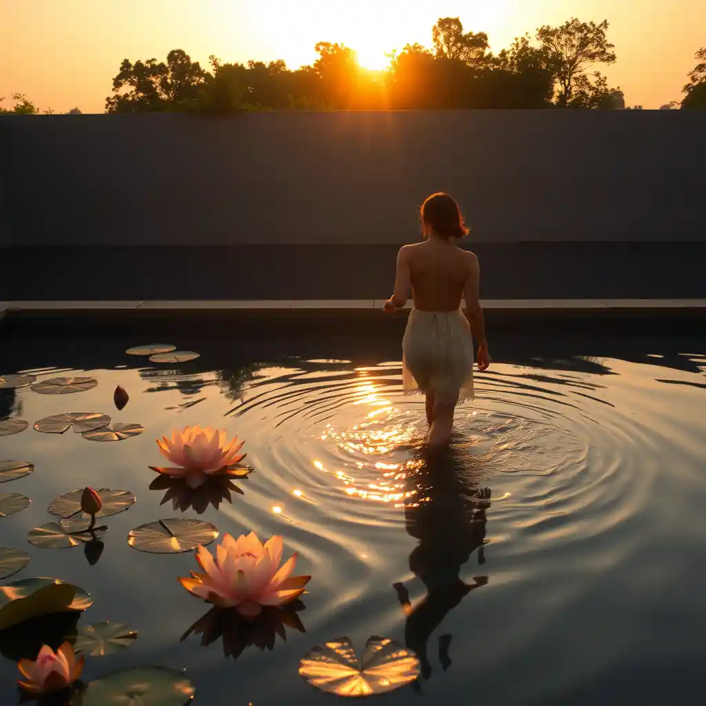 Femme entrant dans un bassin paisible au coucher du soleil avec des fleurs de lotus