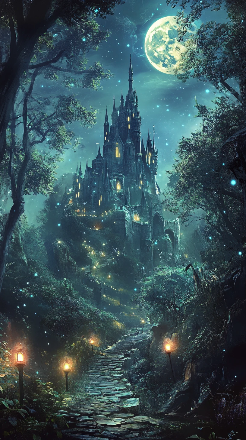 Trilha mística na floresta ao luar levando ao castelo distante