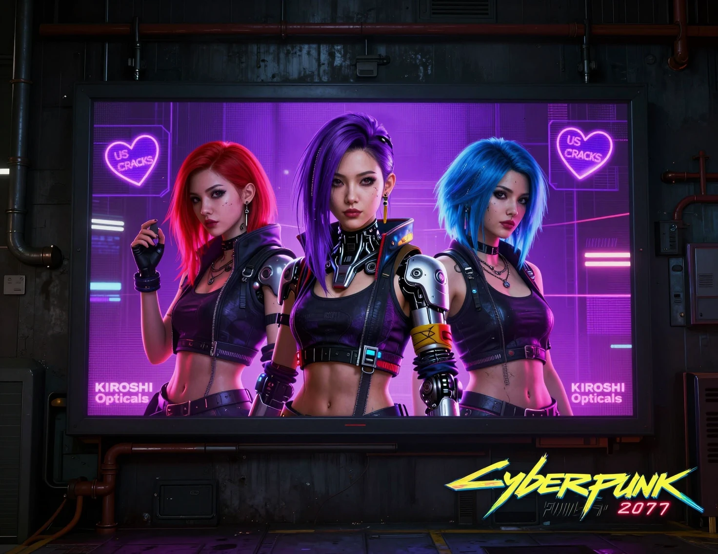 Cyberpunk billboard with neon rockband women in industrial wall