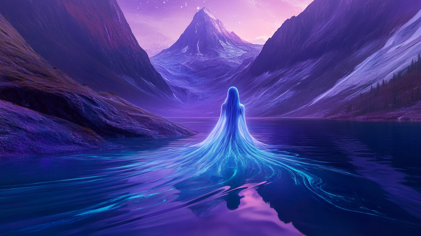 Ethereal woman dissolving into twilight mountain lake