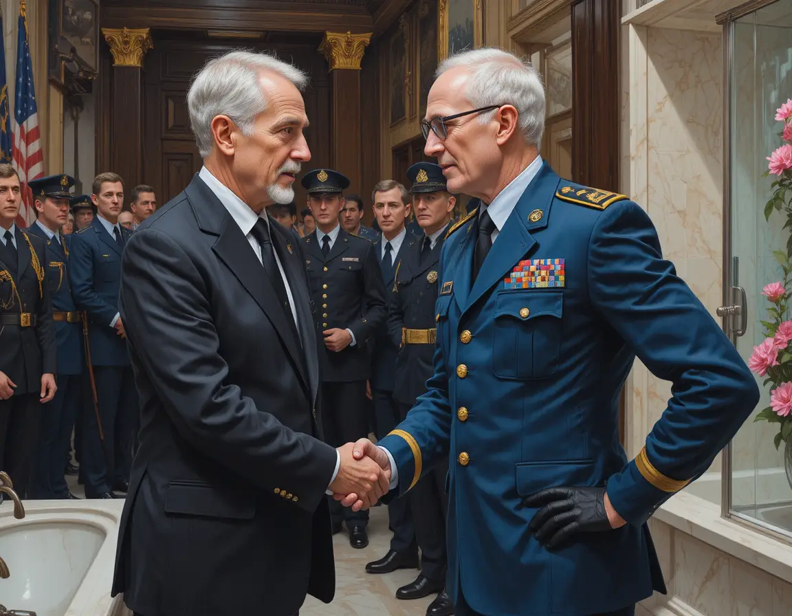 Businessman Shaking Hands With Decorated Officer Indoors