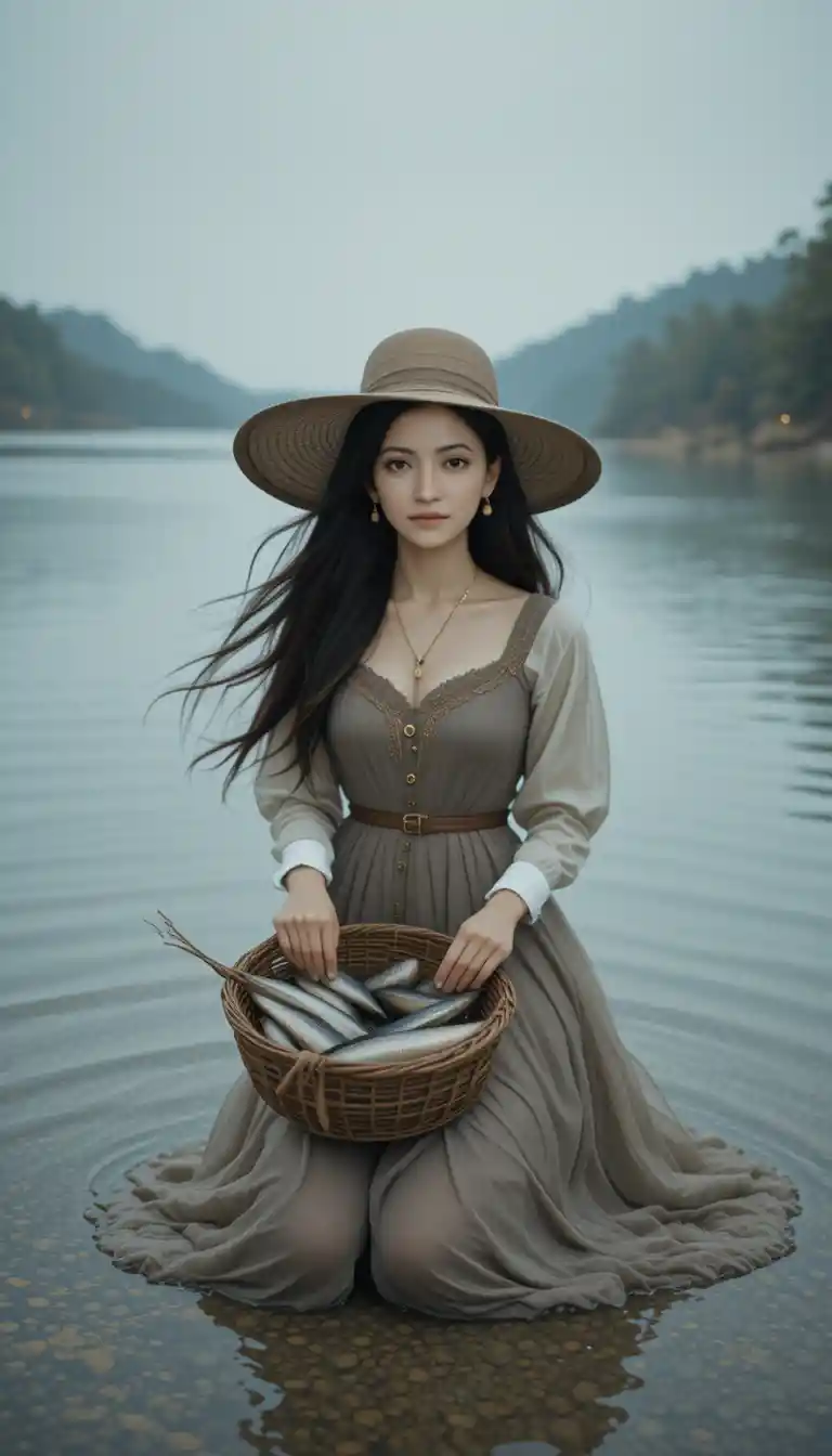 Ethereal Woman Kneeling By A Quiet Lakeside Shore