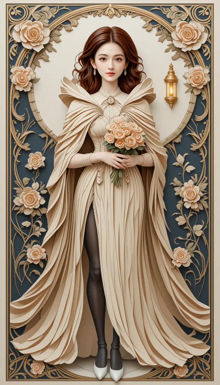 Renaissancefrau in kunstvoller Scherenschnitt-Blumenillustration