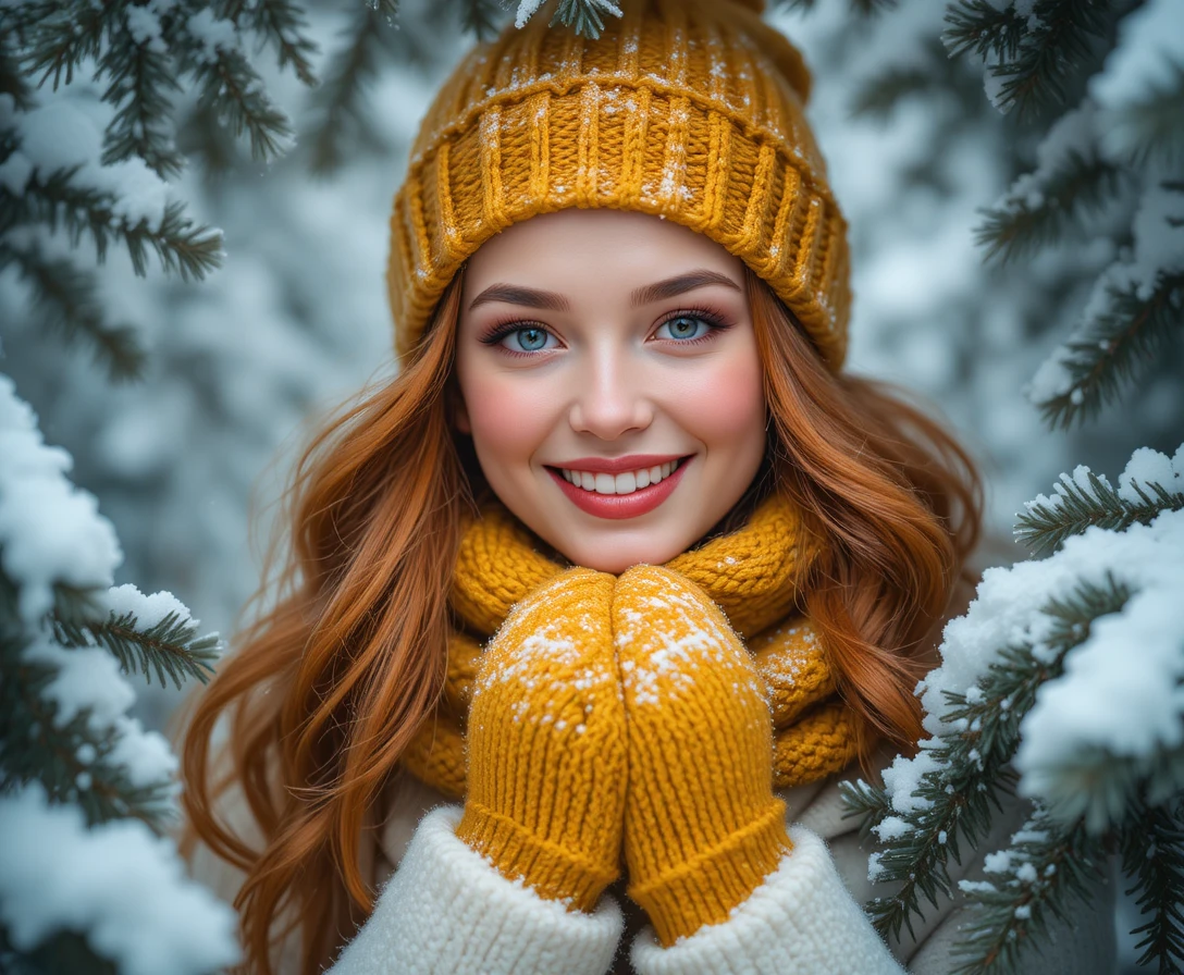 Mulher ruiva alegre na neve com acessórios de inverno amarelos