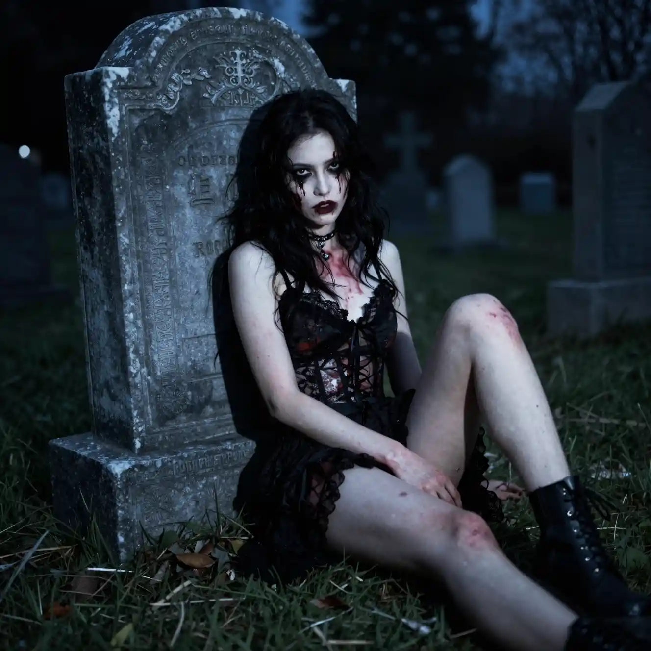 Donna zombie in abiti succinti accanto a una lapide di notte