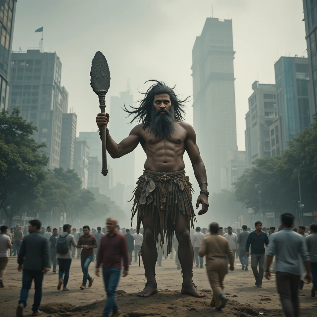 Uomo primitivo in piedi nella piazza nebbiosa di Patna