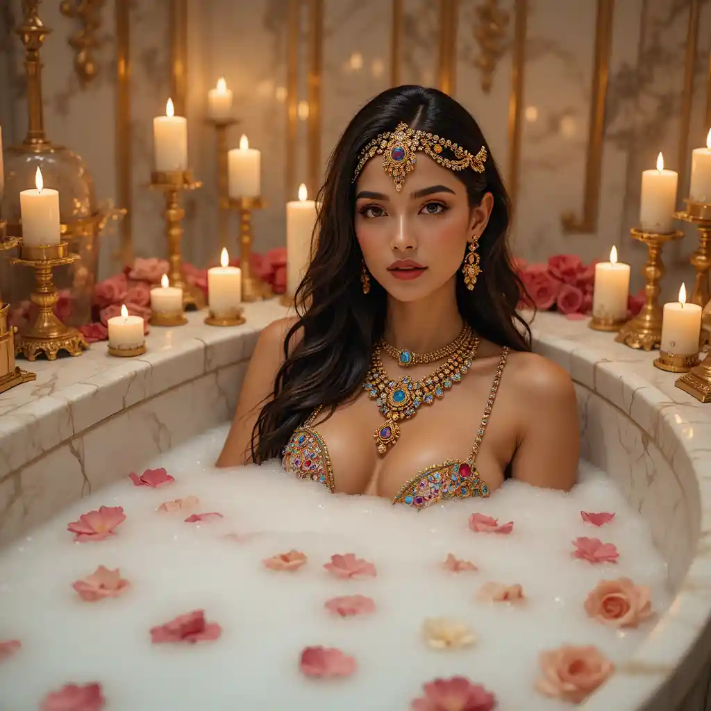 Elegant woman in marble bathtub with candles and jewels