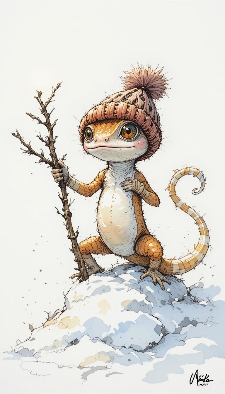 Gecko avec bonnet tricoté debout fièrement sur une congère hivernale