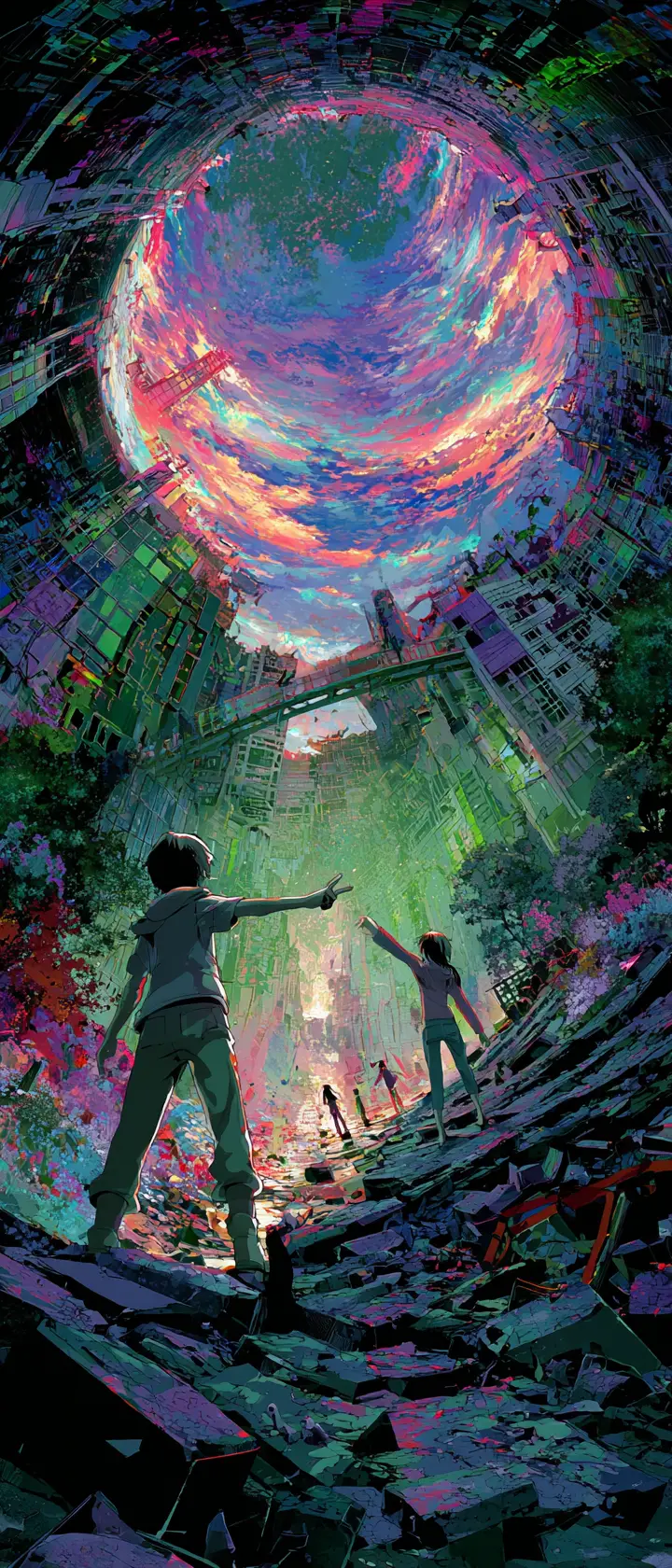 Anime portal linking lush fantasy world and metallic wasteland