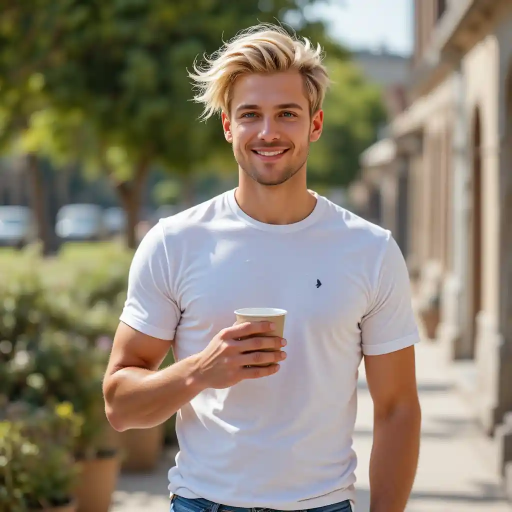 Joven con café al aire libre en un día de verano