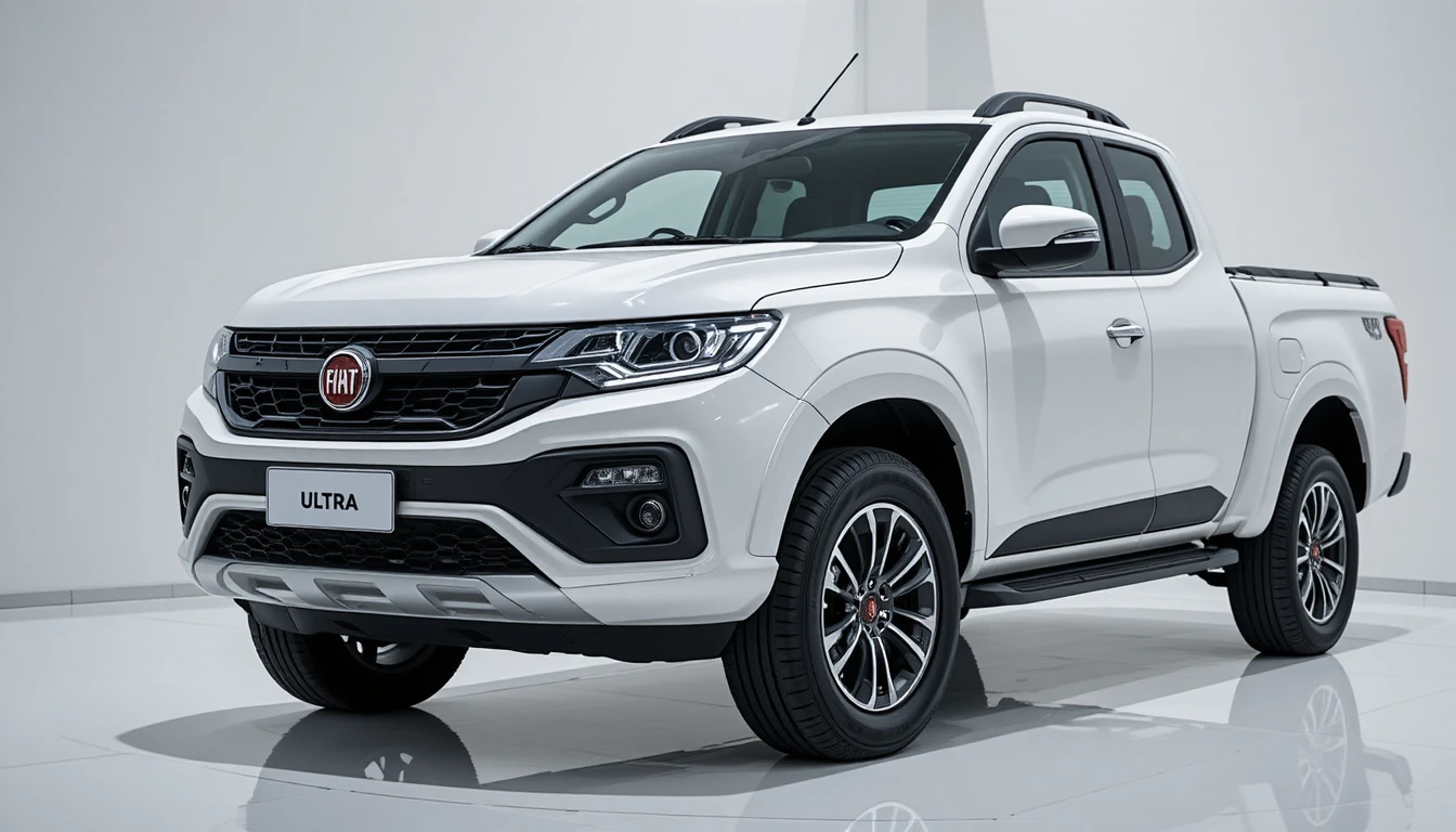 Pickup futuriste Fiat Strada ultra dans un showroom lumineux
