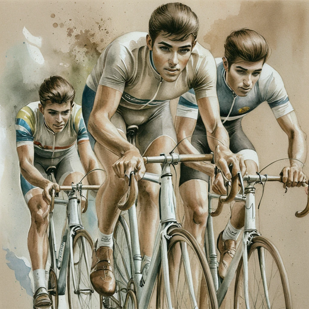 Aquarellillustration von drei Vintage-Rennradfahrern in Bewegung