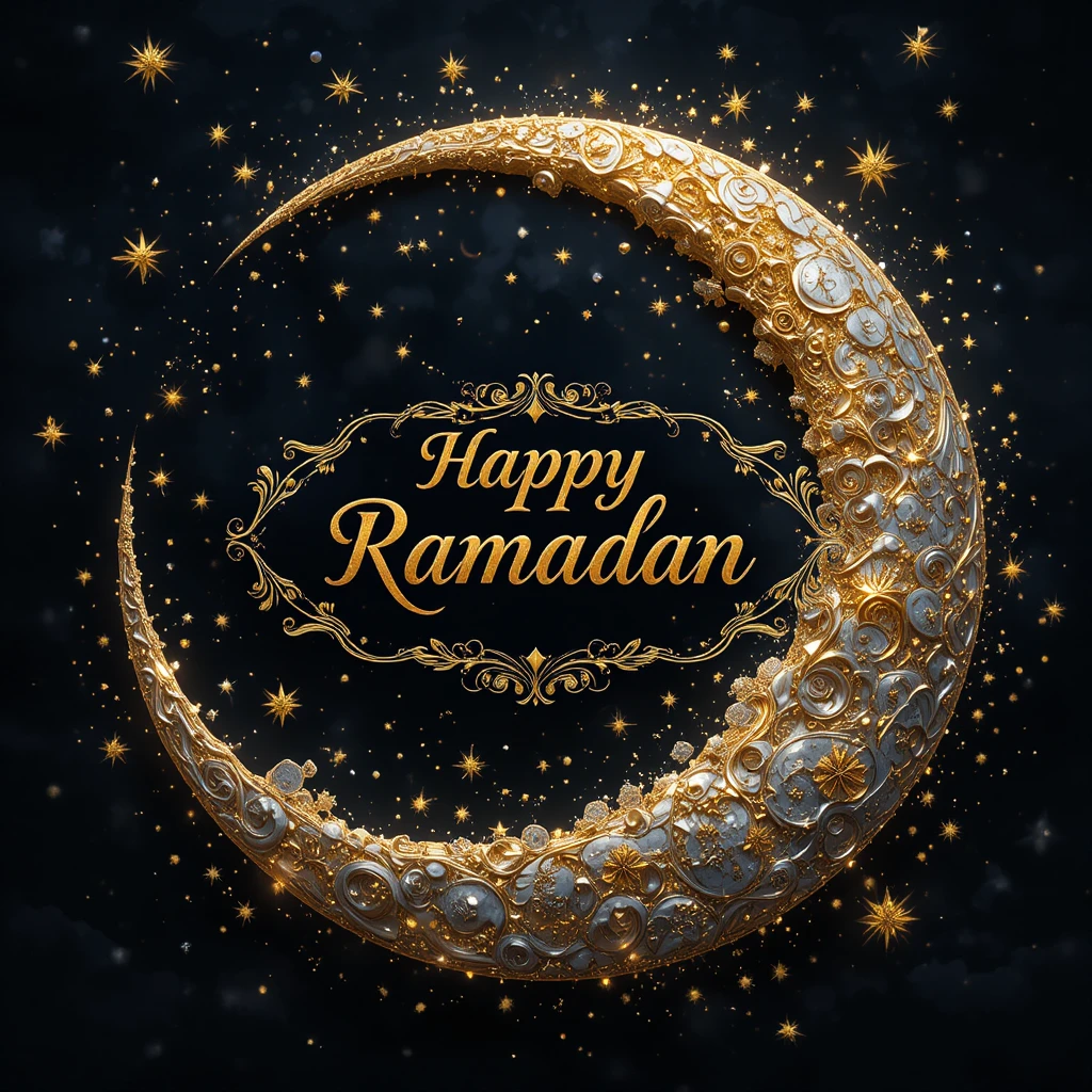 Lua crescente dourada com estrelas e texto feliz ramadã