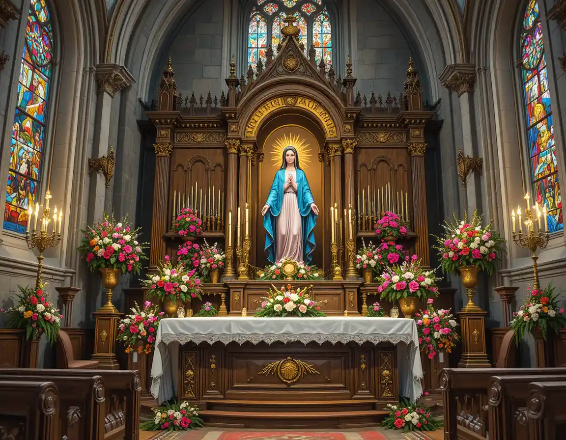 Altar de iglesia ornamentado con la Virgen María en relicario dorado