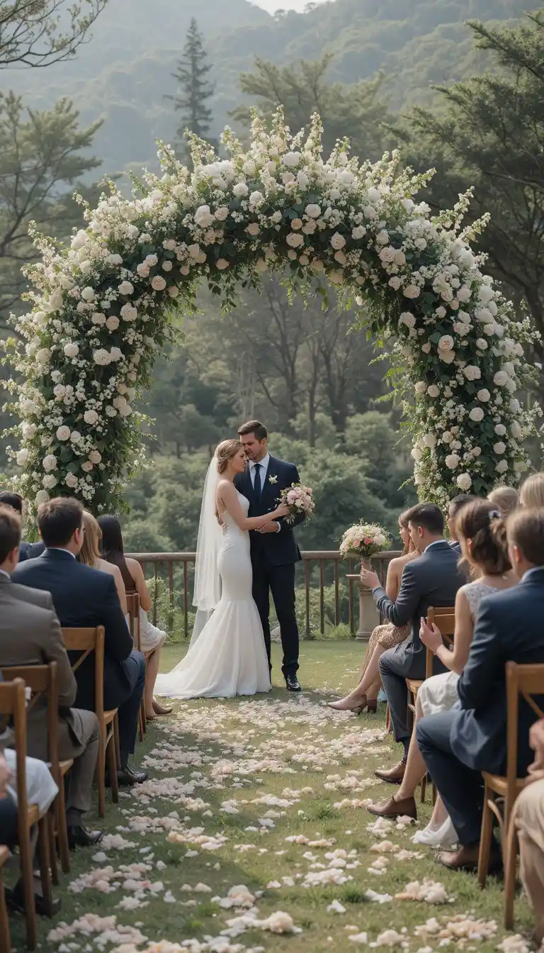 Pareja de boda rural bajo un sencillo arco de flores campestres