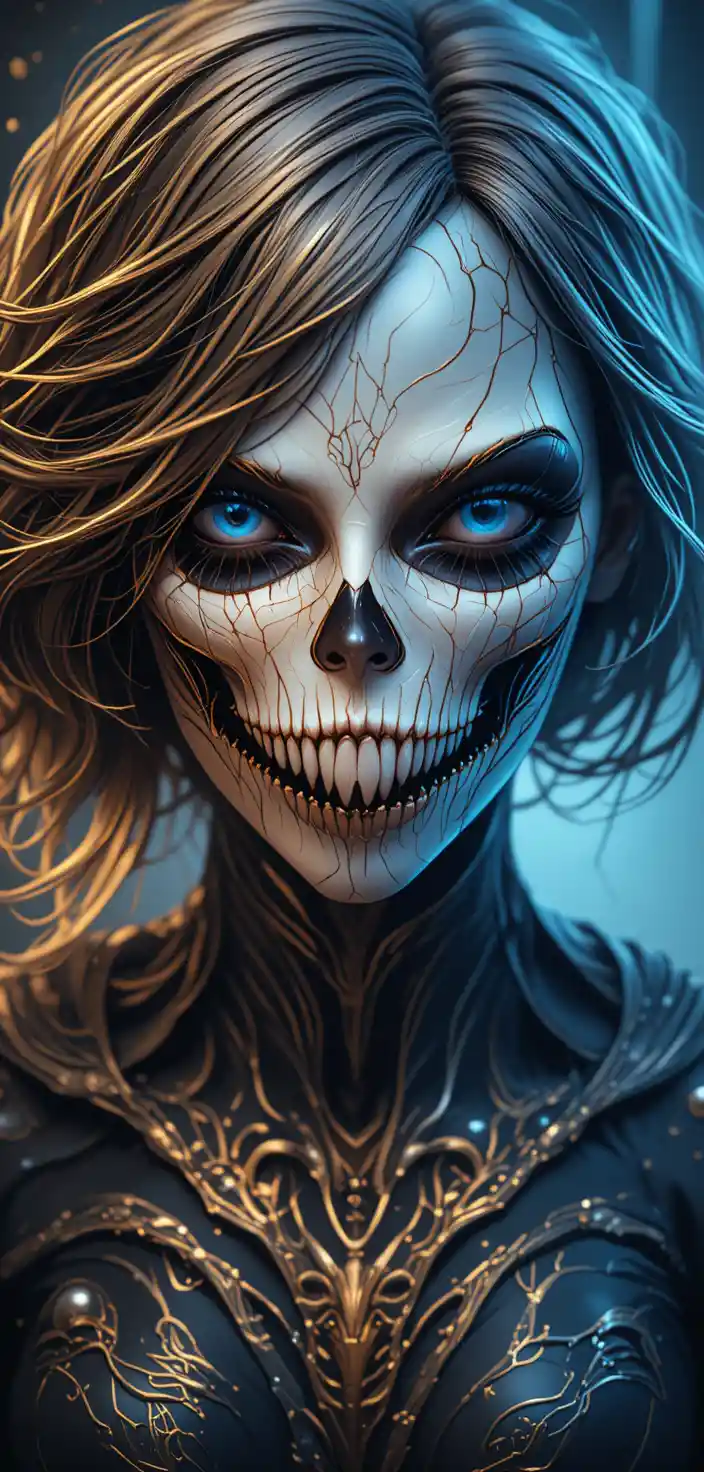 Frightening woman with jagged golden skull face and dark hair