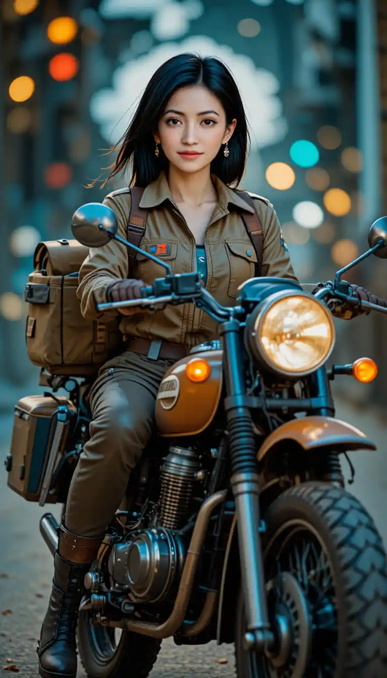 Mulher japonesa sorridente pilotando moto off-road em estilo pop art