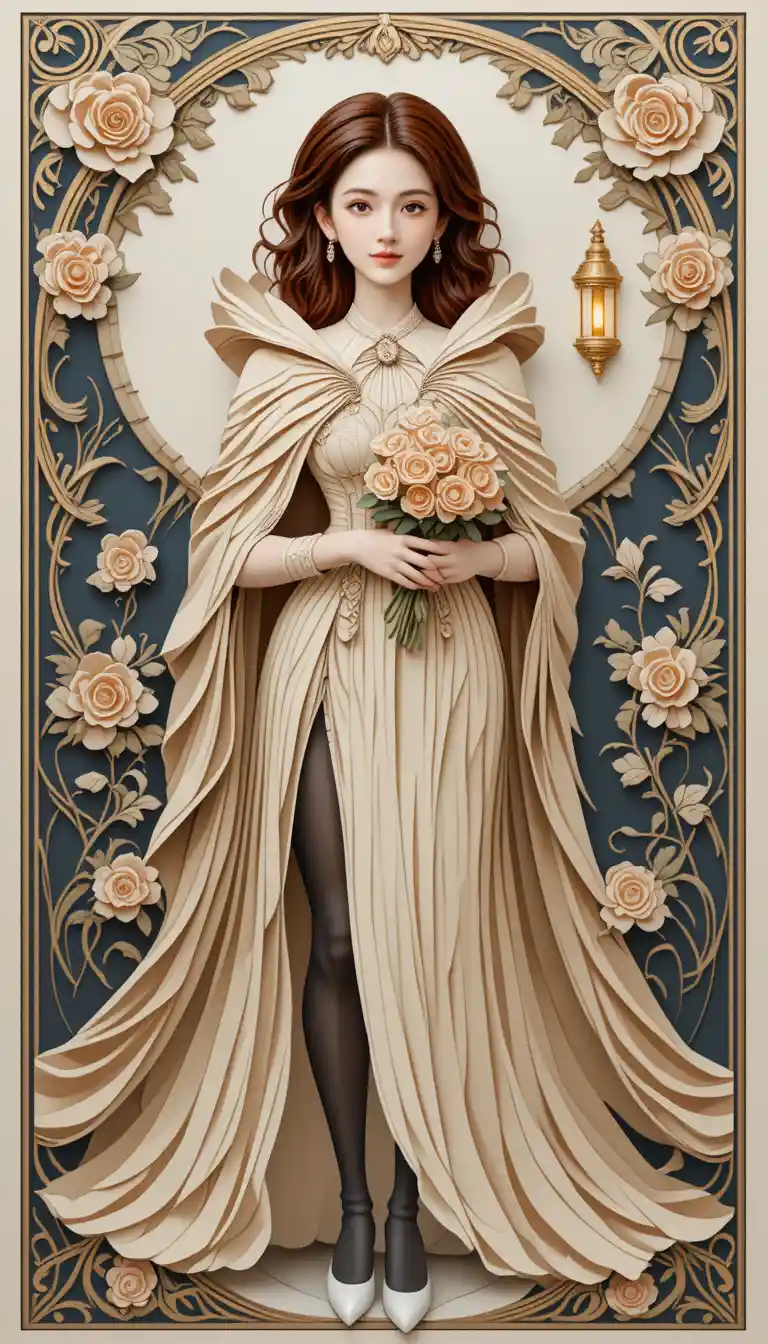 Mujer del Renacimiento en ilustración floral de papel recortado ornamentado