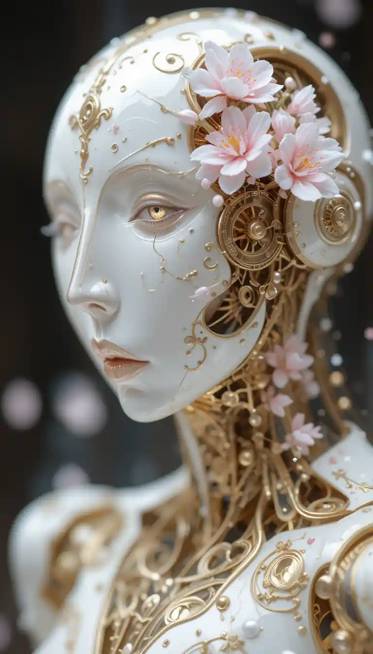 Porcelain robot with gold filigree and cherry blossoms