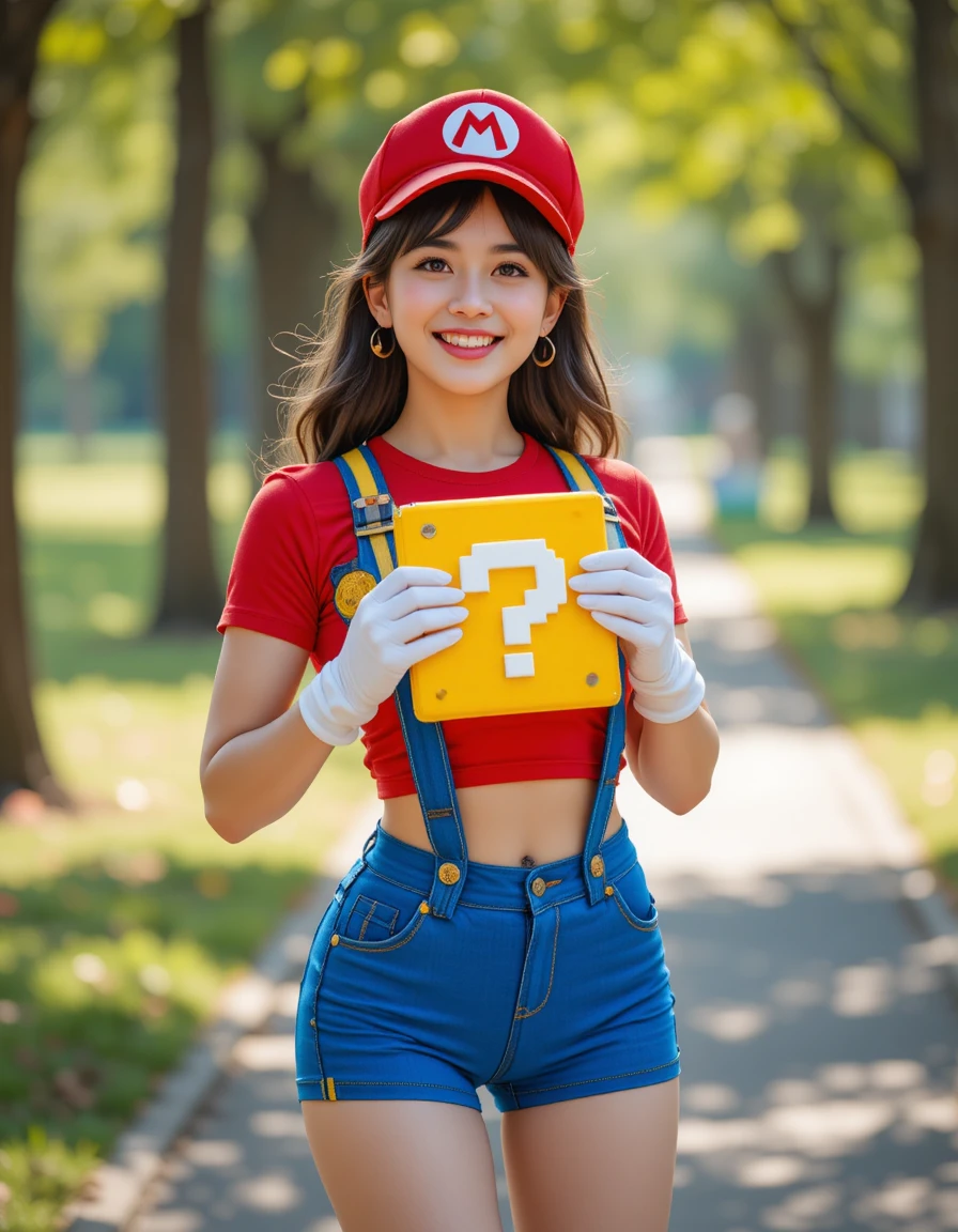 公園小徑上穿著紅藍cosplay的俏皮女子