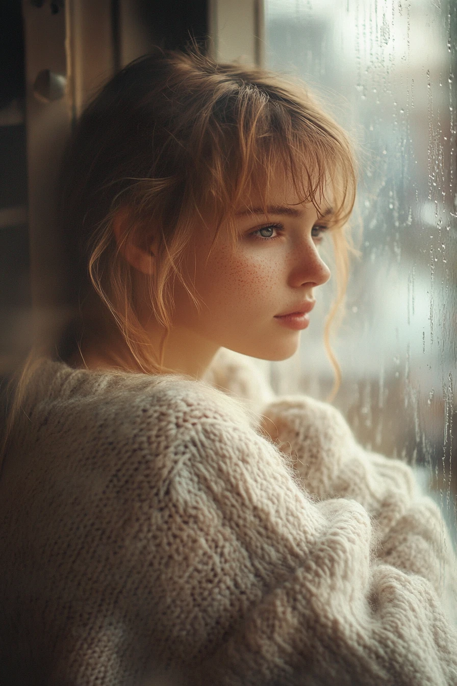 Woman in cozy sweater by a rainy window in soft light