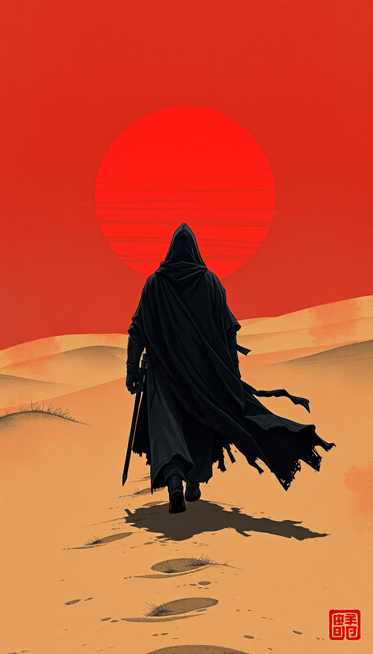 深紅夕陽下獨自行走在沙漠沙丘上的刺客