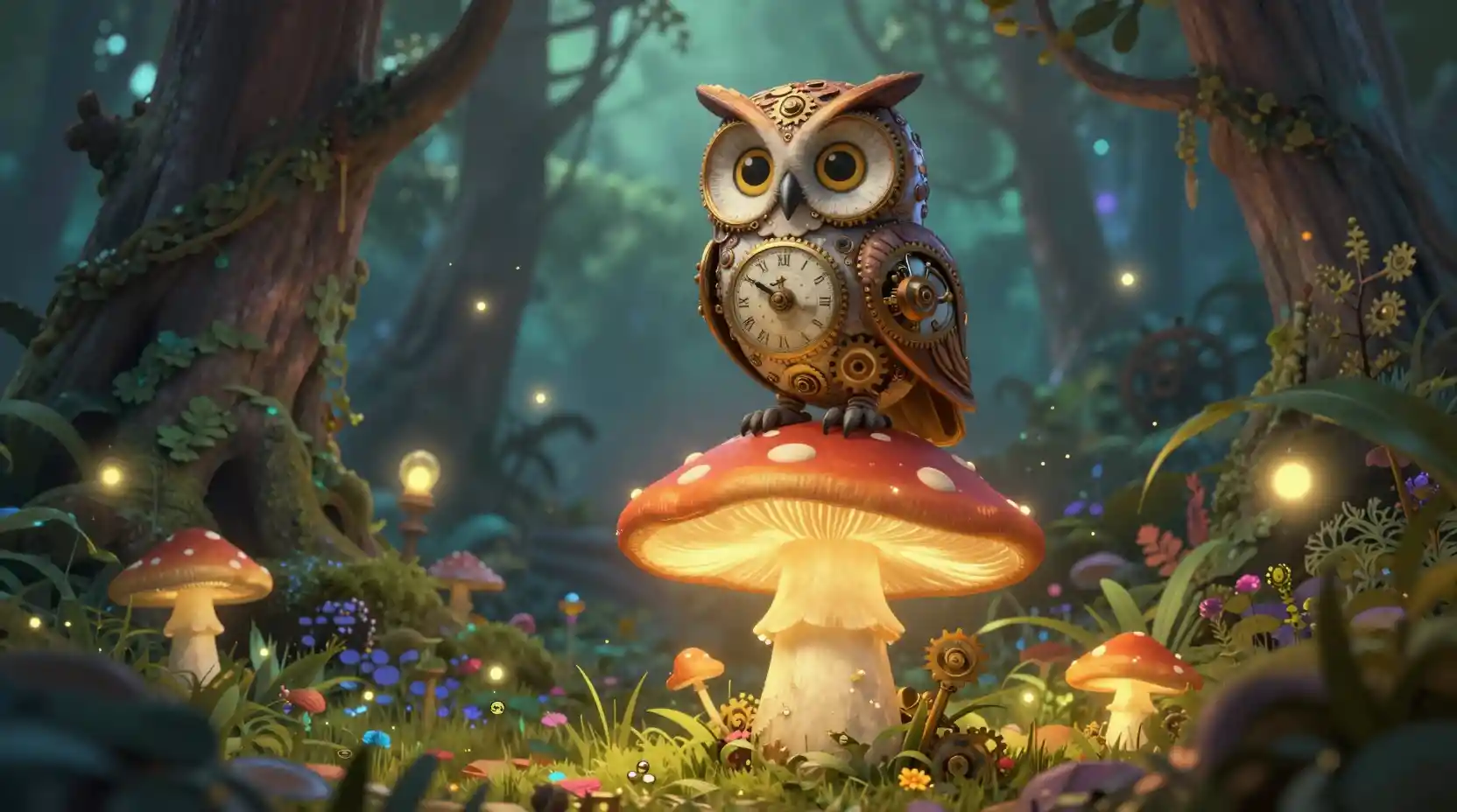 Clockwork owl on glowing mushroom in enchanted forest