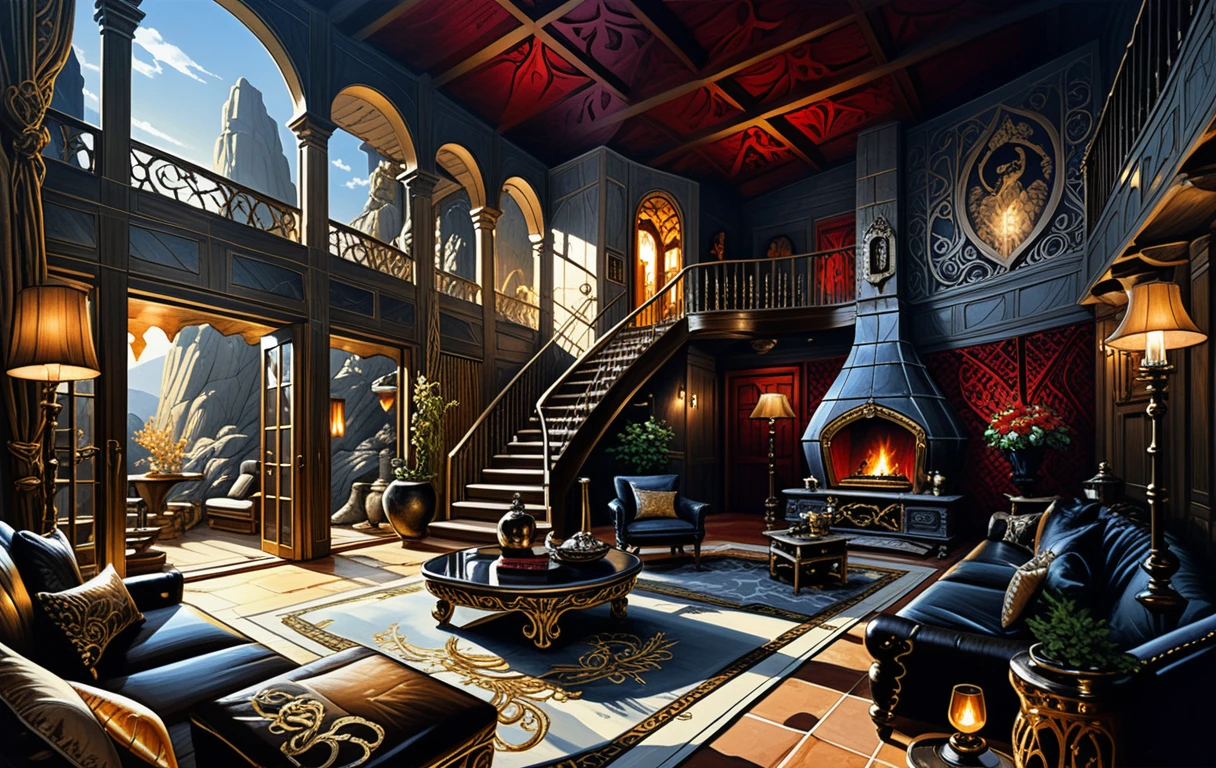 Majestische Steinhöhlenwohnung in einer High-Fantasy-Landschaft