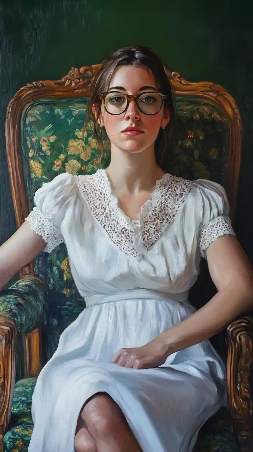 Contemporary portrait of a woman on a vintage green armchair