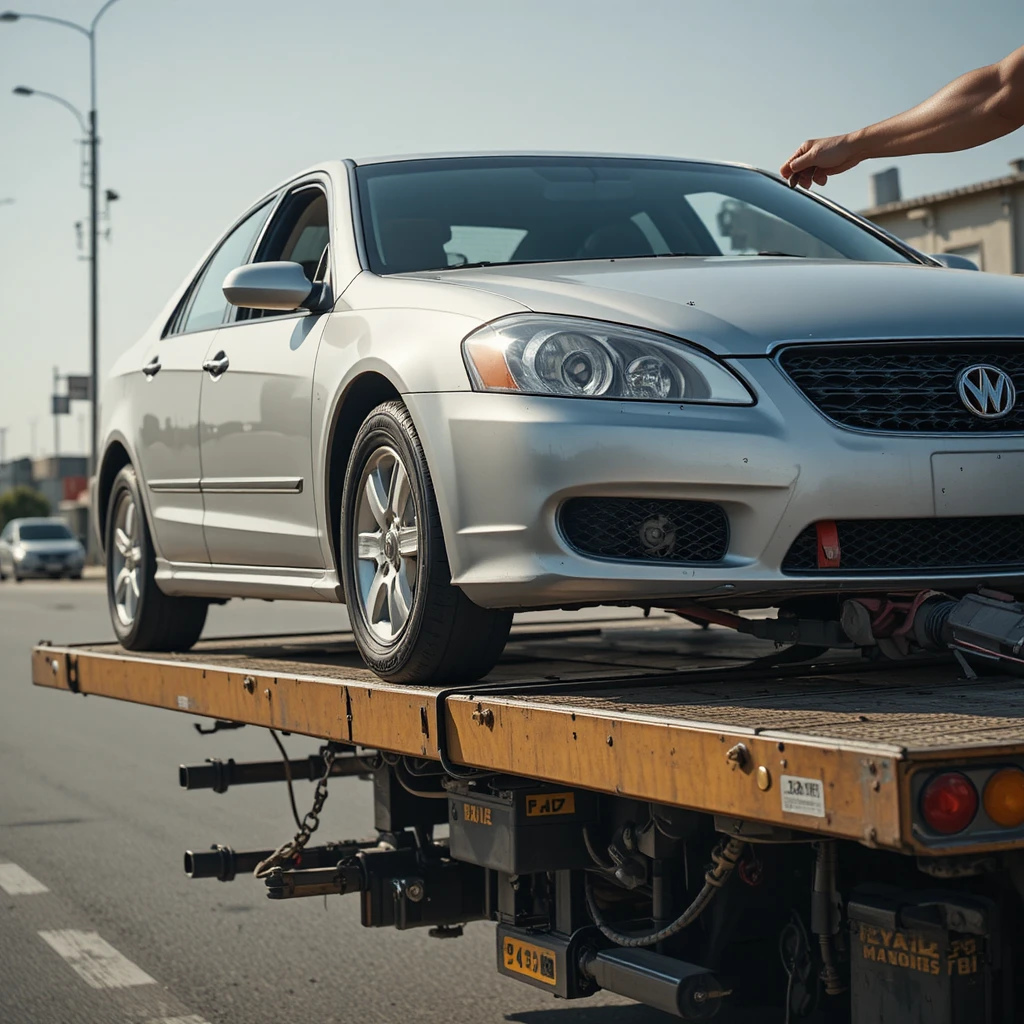 Silver sedan being winched onto a roadside flatbed tow truck