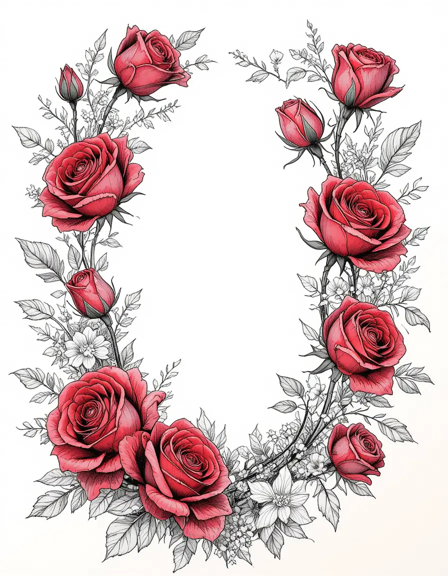 Elegant vector frame of blooming red roses and buds