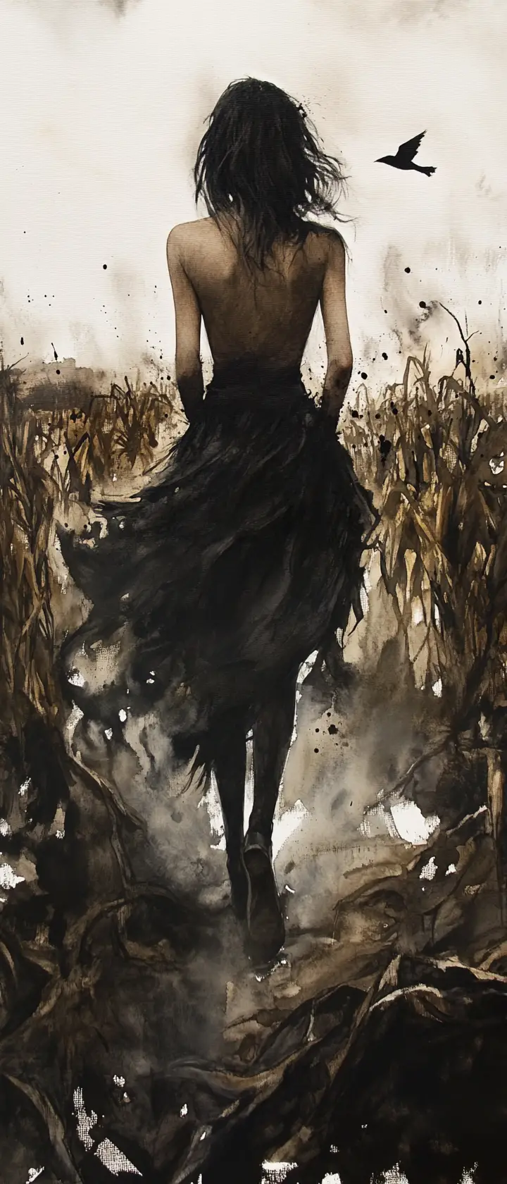 Gothic woman in cornfield with dramatic watercolor shadows