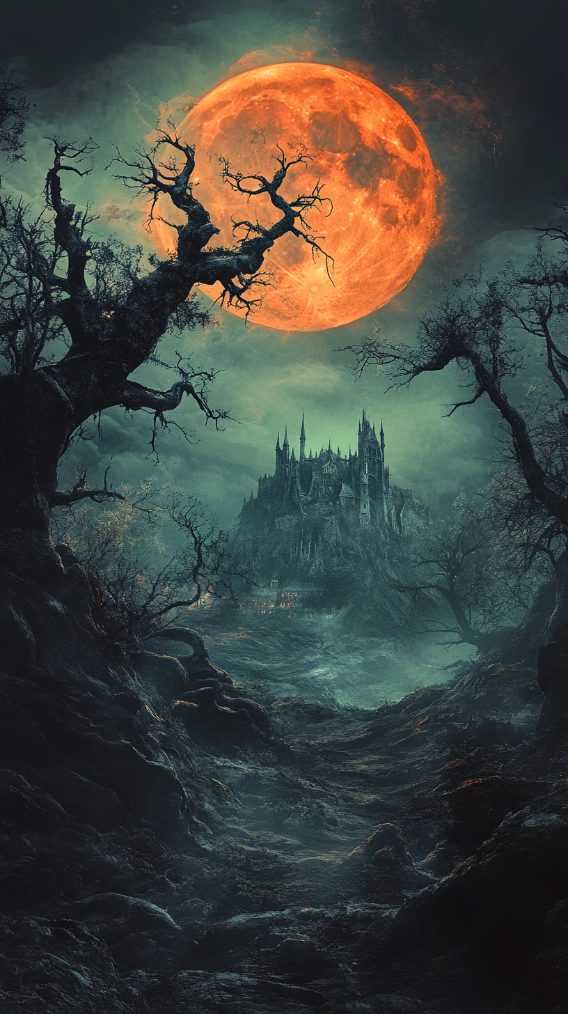 Haunted forest mansion under a looming blood orange moon