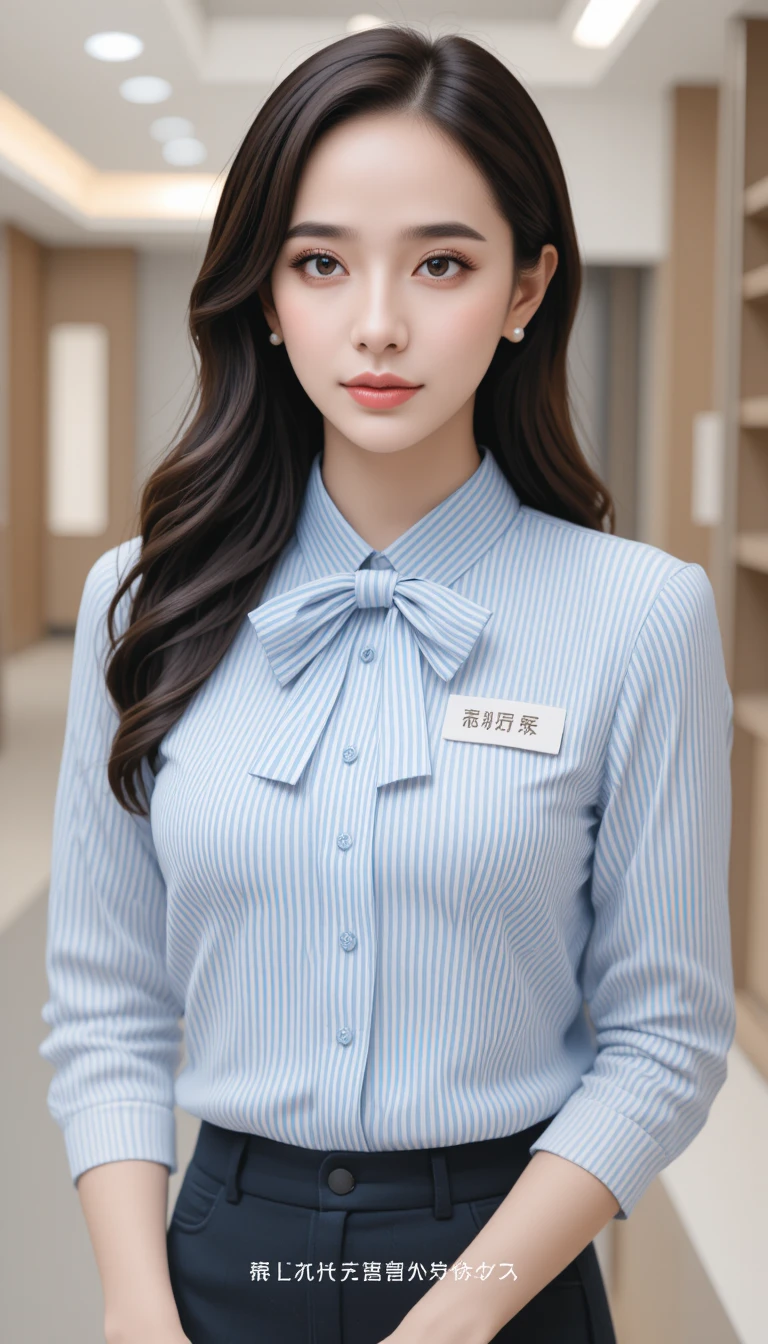 Young office woman in blue striped blouse with nametag