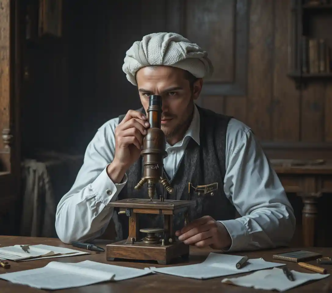 Historical scientist studying through an antique wooden microscope
