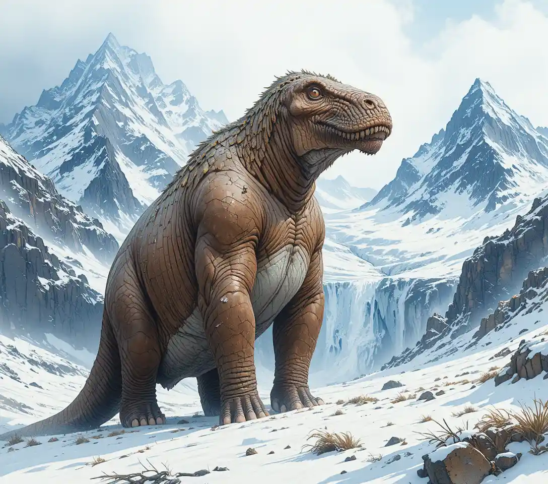 Mamute-lanoso em uma vasta paisagem de montanhas nevadas