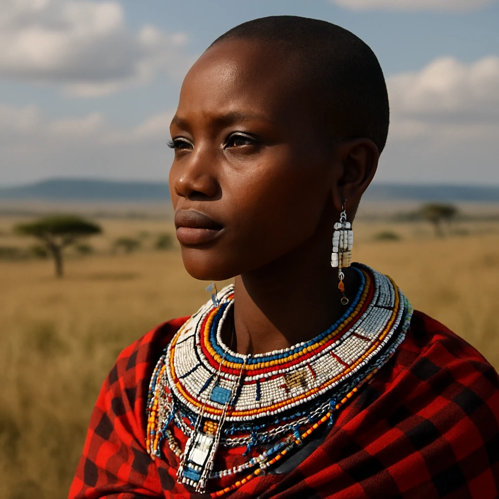 Masai woman in three quarter view gazing across the savanna