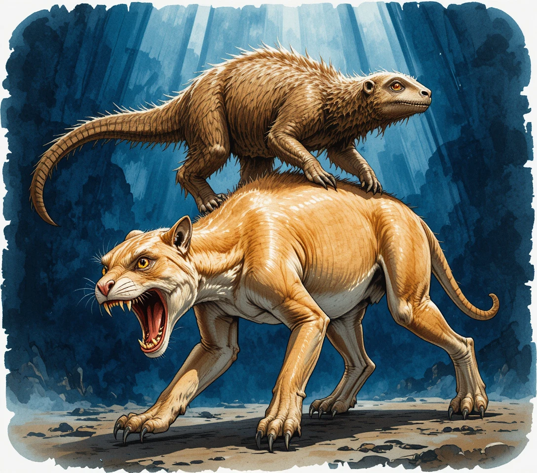 Saber toothed cat and giant sloth in dramatic illustration