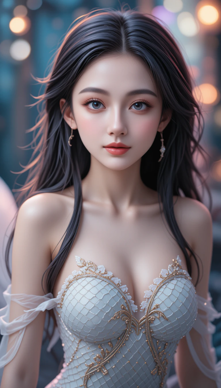 Anime mermaid girl with white tail in fantasy water