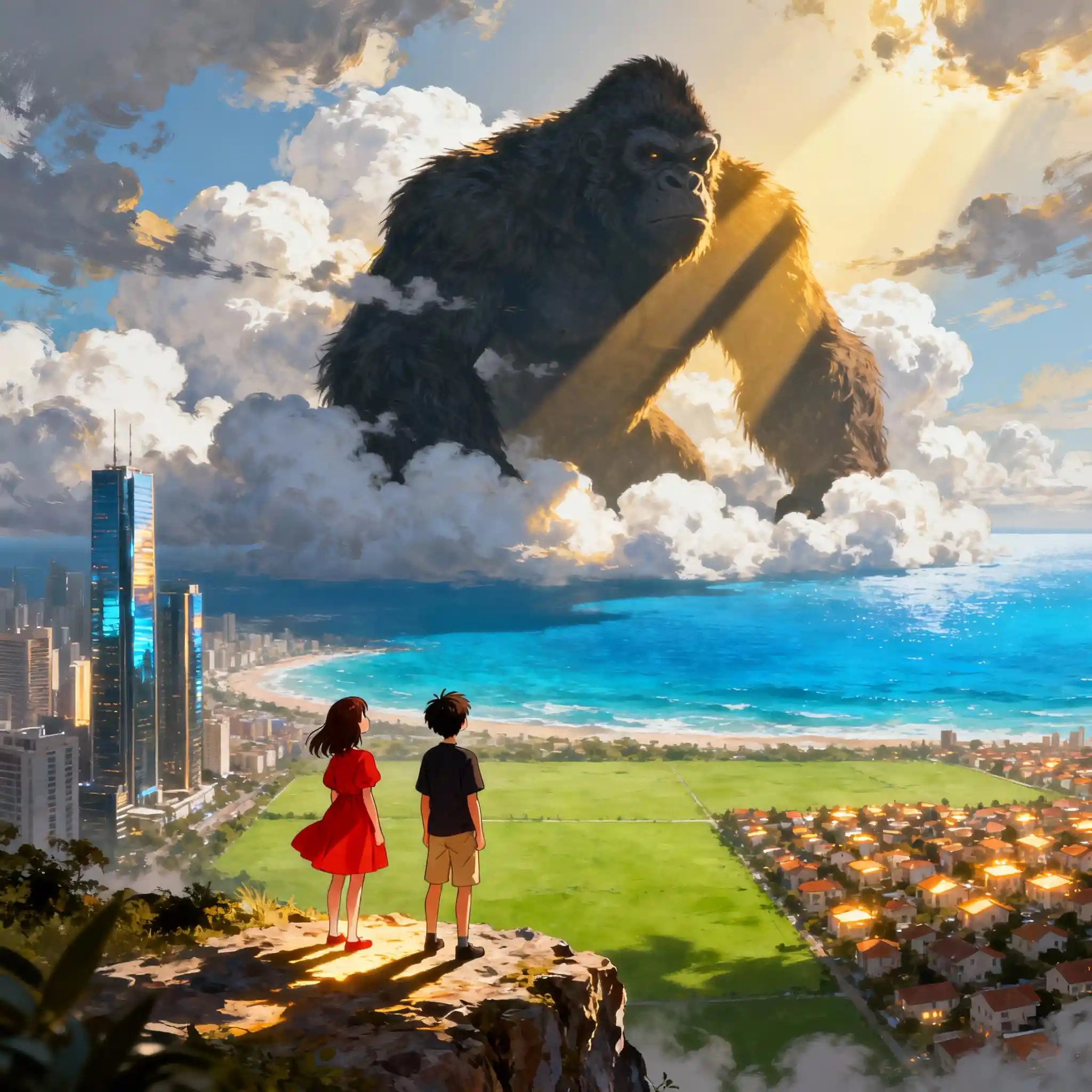 Children Watch A Colossal Monster Above A Coastal City