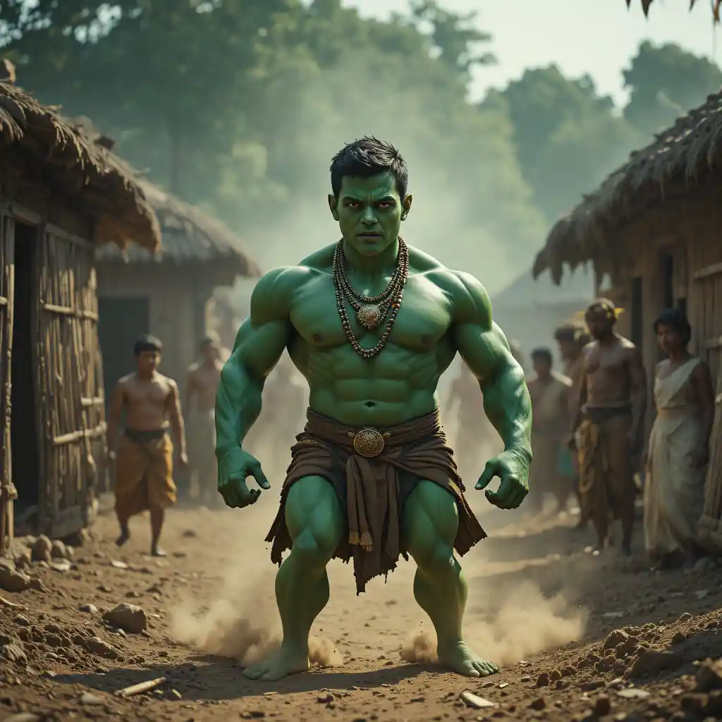 Green skinned muscular boy standing in a tense village scene