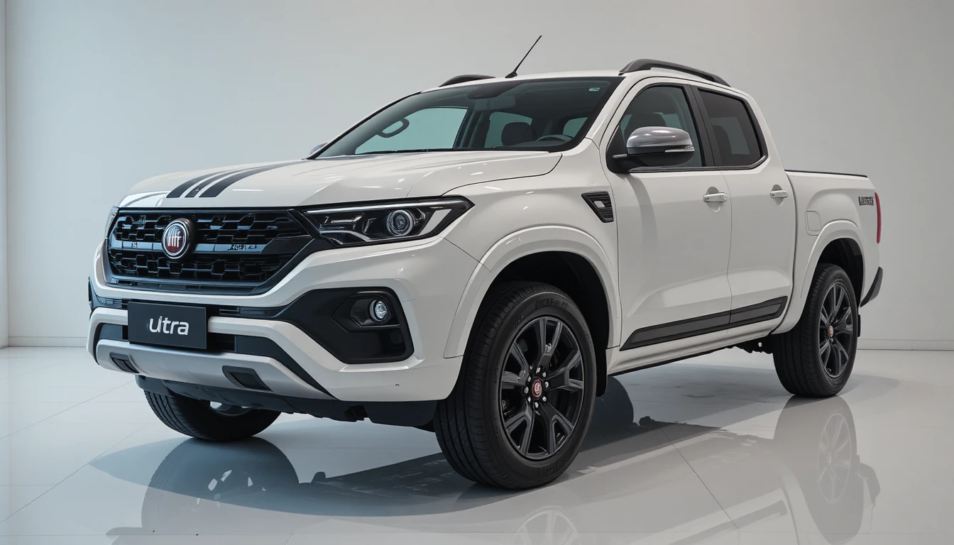 Camioneta pickup futurista de Fiat en un luminoso showroom blanco