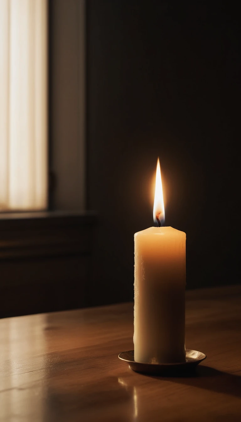 Flamme d’une bougie unique brillant doucement dans une pièce sombre