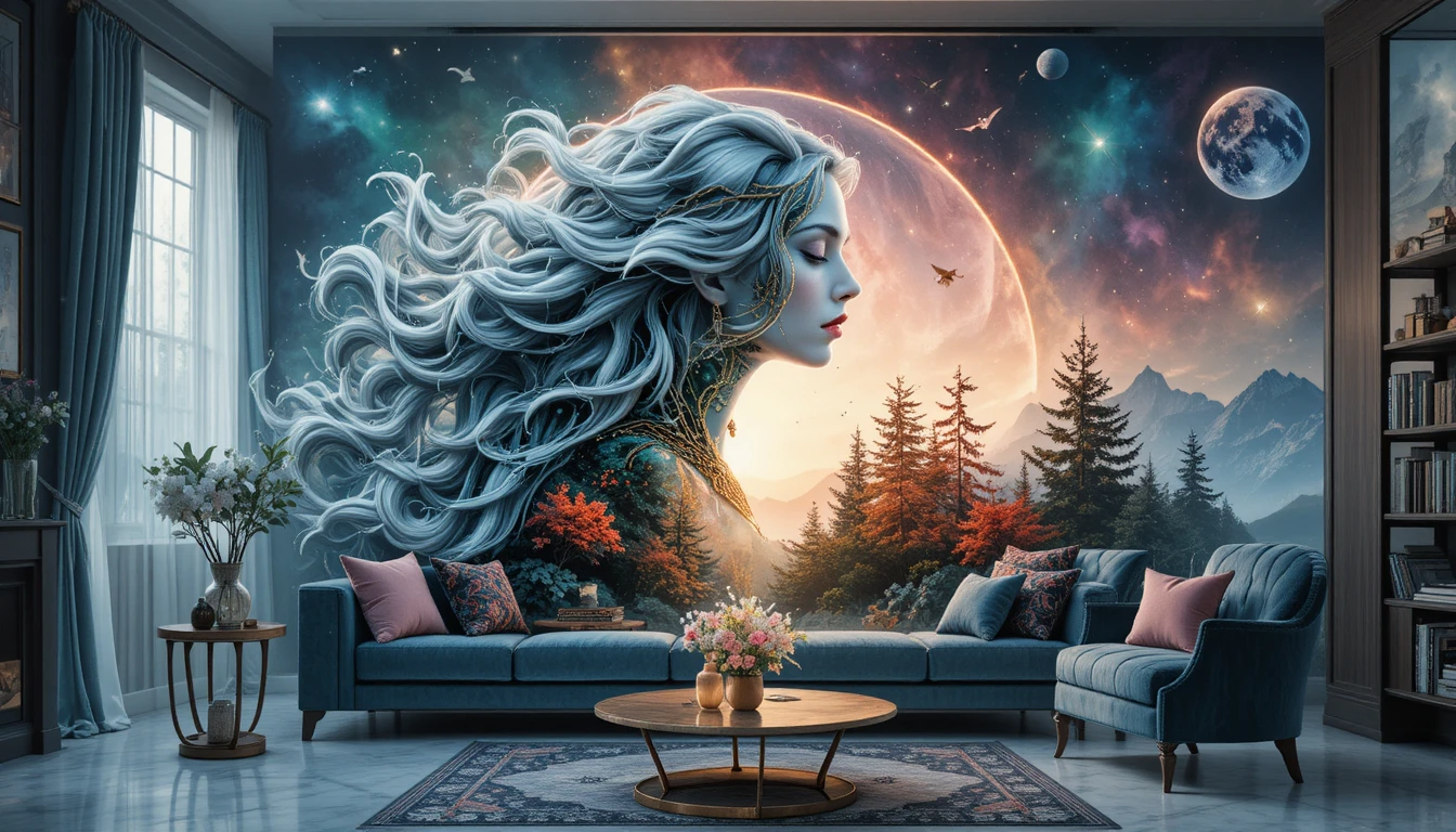 Dreamy Woman With Waterfall Hair In Sunrise Fantasy Landscape