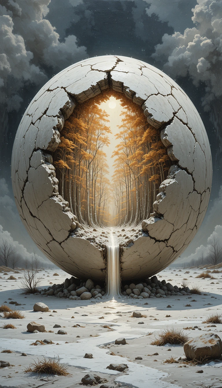 Sfera di pietra crepata surreale che brilla su una pianura invernale